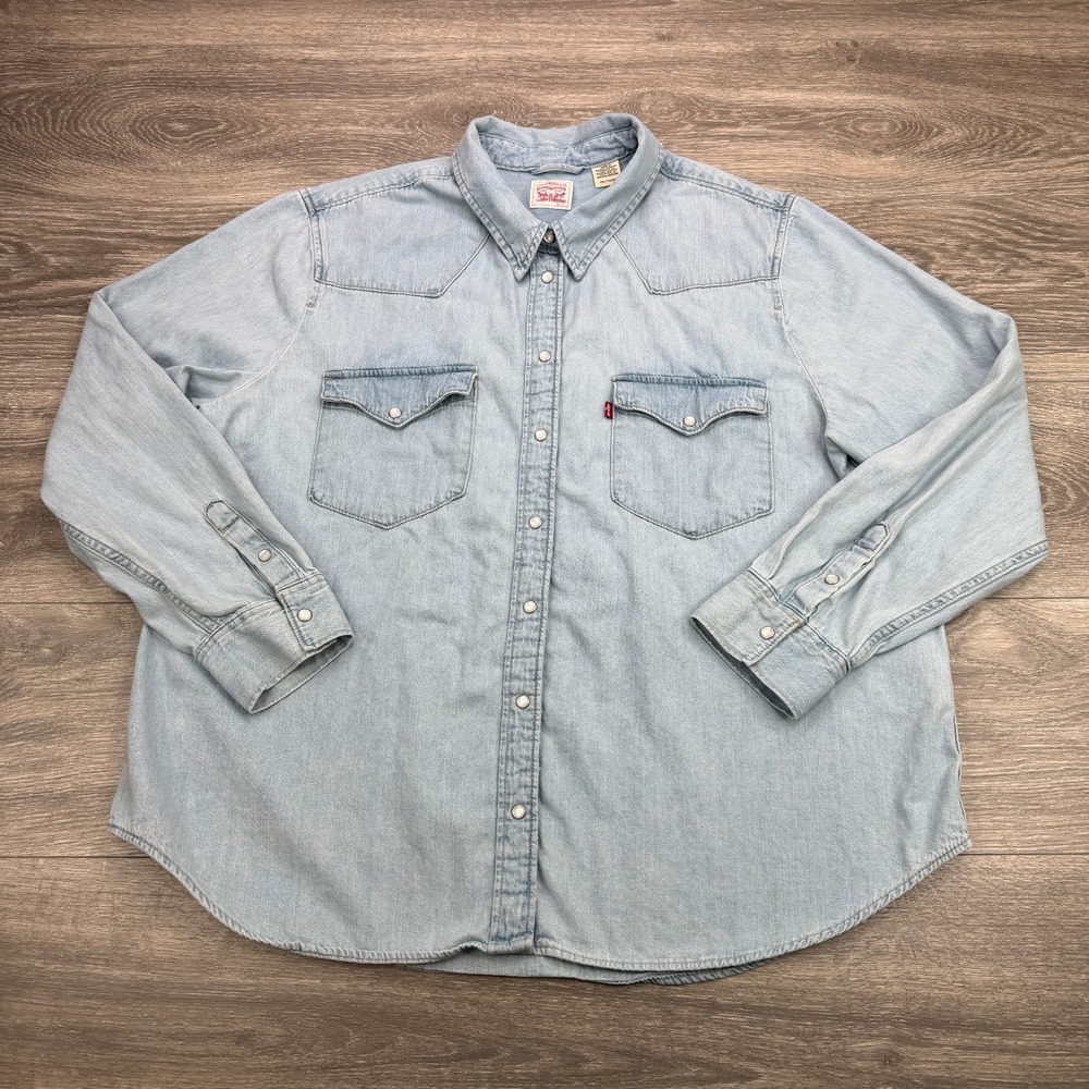 Levis Denim Shirt Womens XXL Blue Pearl Snap Button Western Cowboy Light Wash